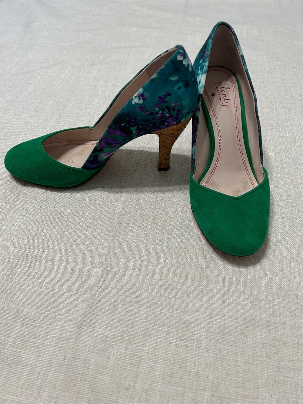 Plenty by Tracy Reese Hayden Floral Pump Emerald Green Suede Retro Cork Heel 38